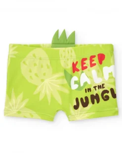 Bañador bóxer verde para niño con estampado tropical