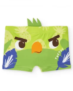 Bañador bóxer verde para niño con estampado tropical