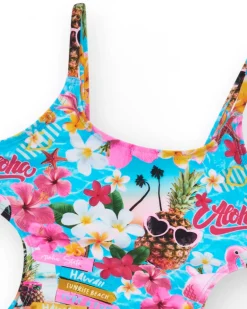 Bañador multicolor para niña con estampado tropical y tirantes
