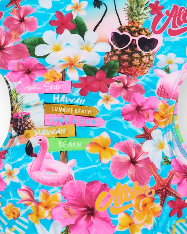 Bañador multicolor para niña con estampado tropical y tirantes