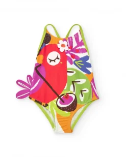 Bañador para niña con loro tropical y detalles florales