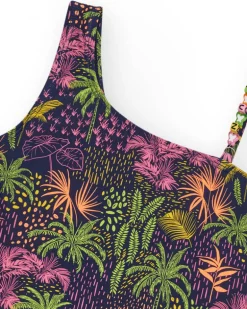 Bañador para niña en azul marino con diseño asimétrico y estampado tropical