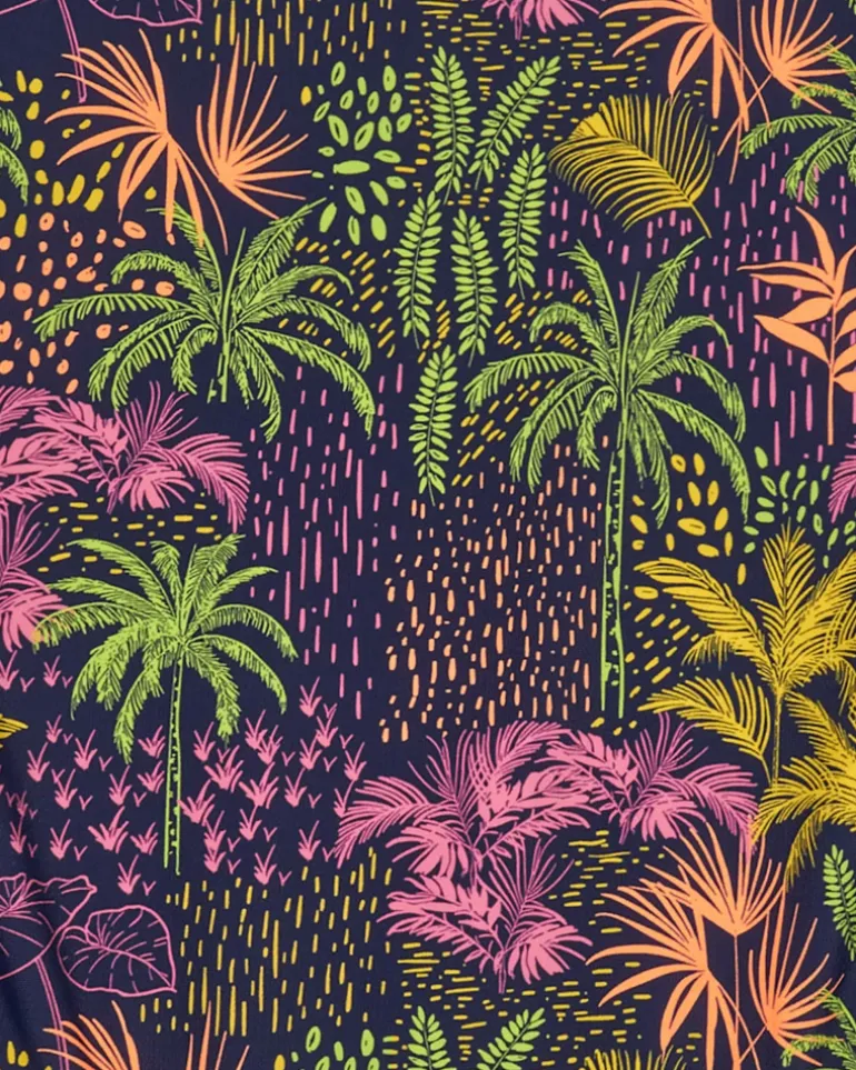 Bañador para niña en azul marino con diseño asimétrico y estampado tropical