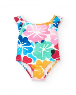 Bañador para niña en blanco con estampado floral y volantes