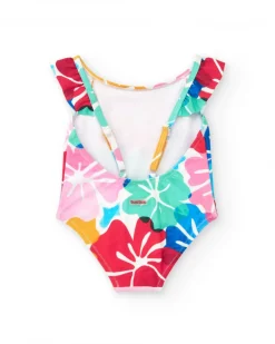 Bañador para niña en blanco con estampado floral y volantes