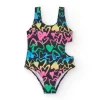 Bañador para niña en negro con corazones estampados y abertura lateral