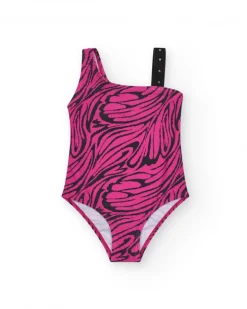 Bañador para niña en rosa con estampado animal print y diseño asimétrico