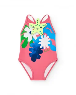 Bañador para niña en rosa con flores y tirantes cruzados