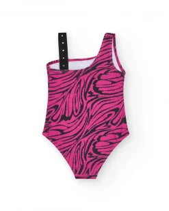 Bañador para niña en rosa con estampado animal print y diseño asimétrico