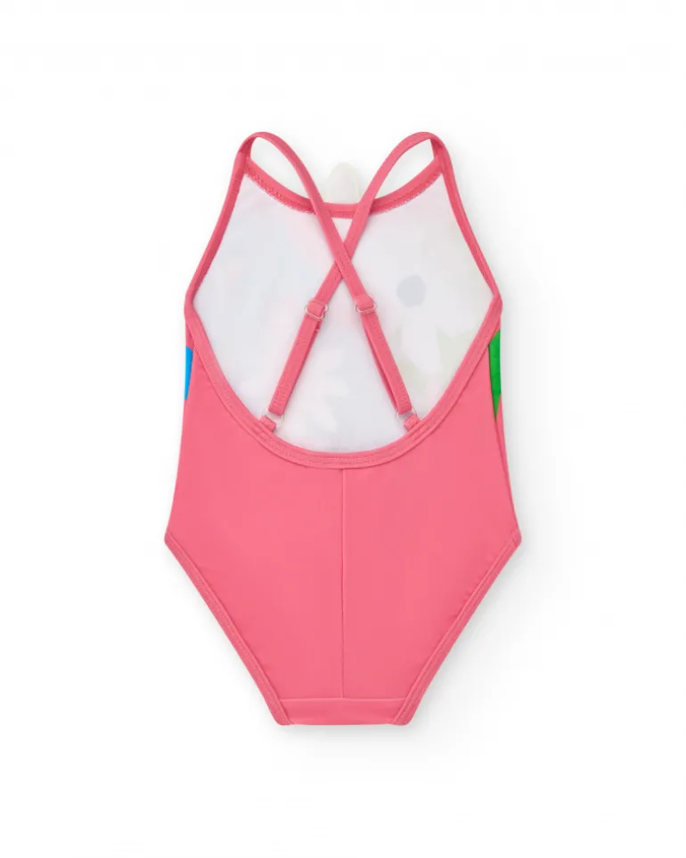 Bañador para niña en rosa con flores y tirantes cruzados