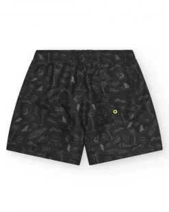 Bañador para niño en negro con estampado surfero y cordón flúor.