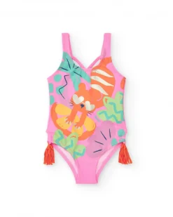 Bañador rosa para niña con estampado tropical y borlas laterales