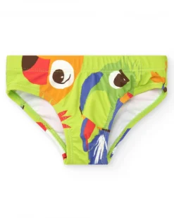 Bañador slip verde para niño con loros y estampado tropical