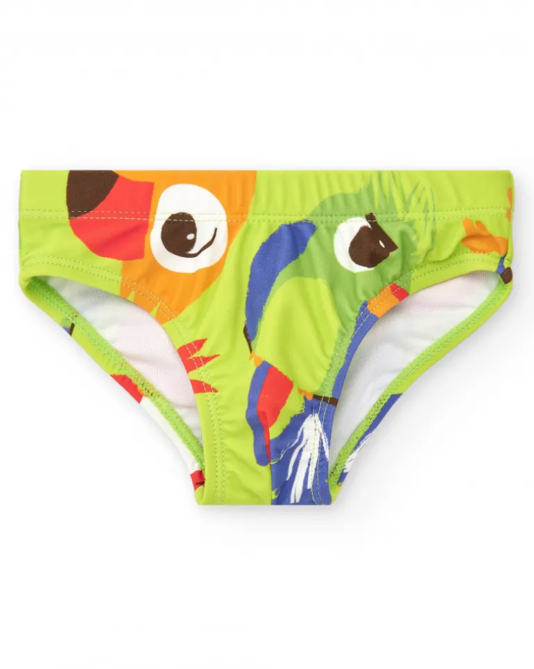 Bañador slip verde para niño con loros y estampado tropical
