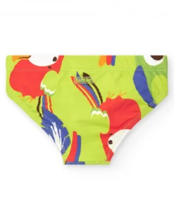 Bañador slip verde para niño con loros y estampado tropical
