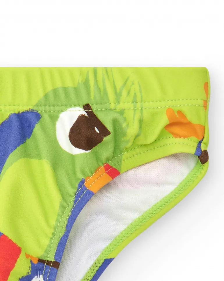 Bañador slip verde para niño con loros y estampado tropical