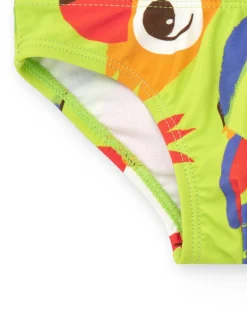 Bañador slip verde para niño con loros y estampado tropical