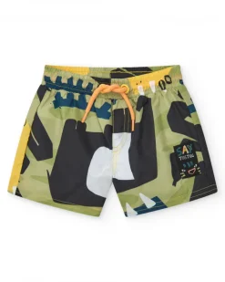Bermuda de baño para niño con estampado en verde, negro y amarillo