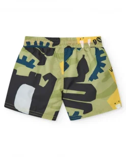 Bermuda de baño para niño con estampado en verde, negro y amarillo