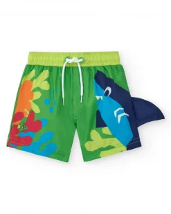 Bermuda de baño para niño en verde con tiburón y aleta