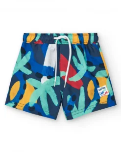 Bermuda de baño para niño en azul marino con estampado y cintura ajustable