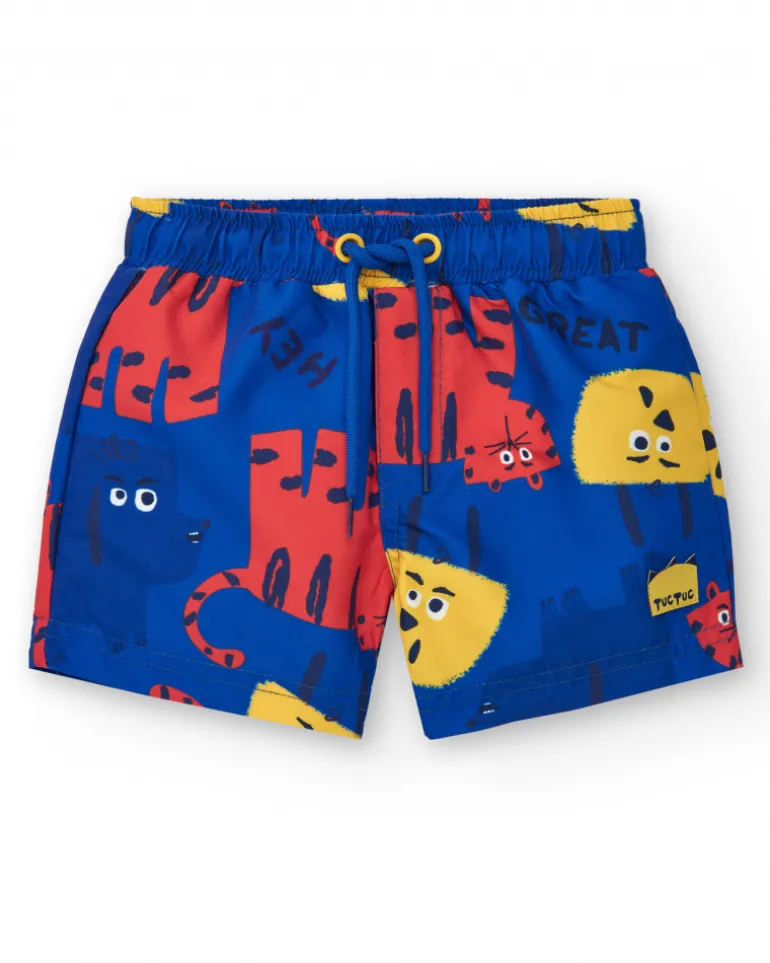Bermuda de baño para niño en azul con animales y cintura ajustable