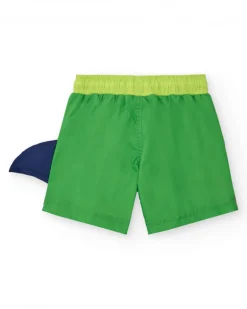 Bermuda de baño para niño en verde con tiburón y aleta