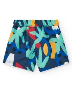 Bermuda de baño para niño en azul marino con estampado y cintura ajustable
