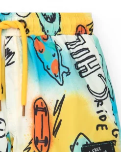 Bermuda de baño para niño en azul con patinetes y frase "Be Free Skate"