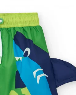 Bermuda de baño para niño en verde con tiburón y aleta