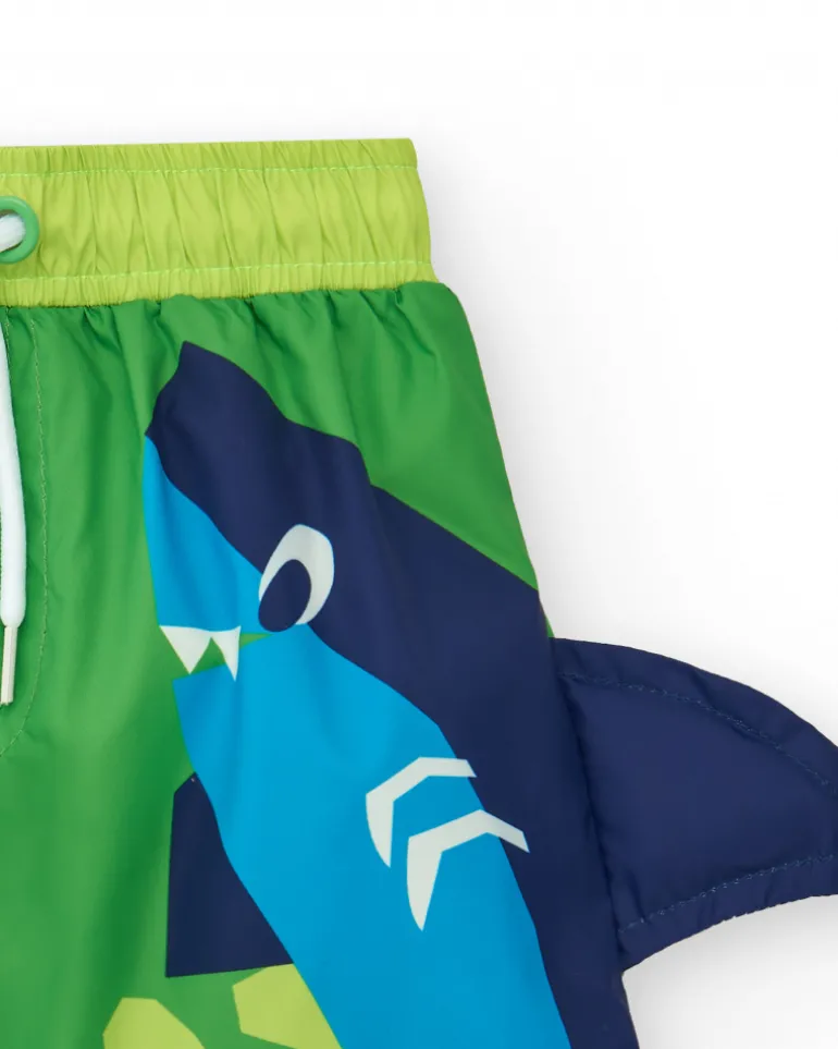 Bermuda de baño para niño en verde con tiburón y aleta