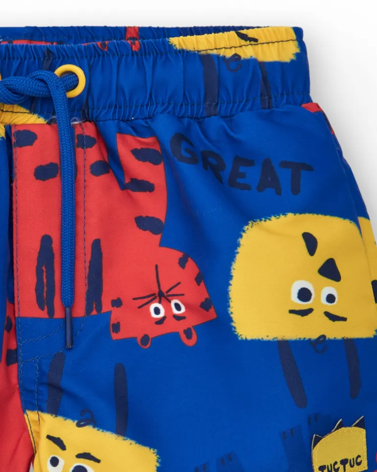 Bermuda de baño para niño en azul con animales y cintura ajustable