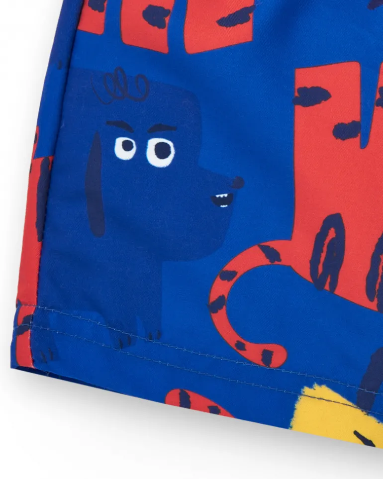 Bermuda de baño para niño en azul con animales y cintura ajustable