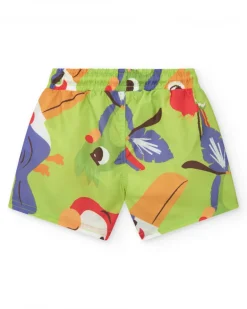 Bermuda de baño verde para niño con loros y jungla