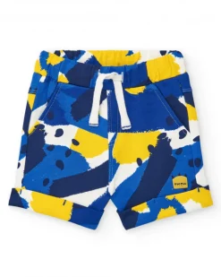 Bermuda para niño en azul con estampado en amarillo y blanco