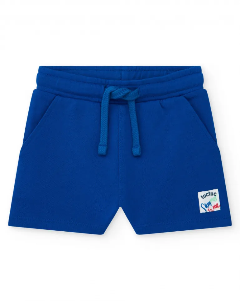 Bermuda para niño en azul con cintura ajustable y parche bordado
