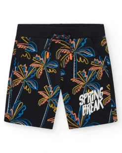 Bermuda para niño en negro con estampado tropical y cintura elástica