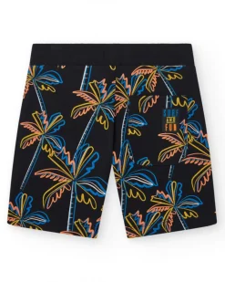 Bermuda para niño en negro con estampado tropical y cintura elástica