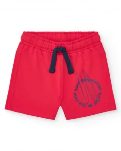 Bermuda para niño en rojo con estampado de tablas y cintura ajustable
