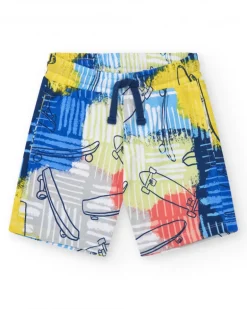 Bermudas para niño en azul con cintura elástica y estampado multicolor