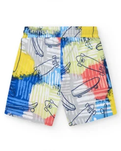 Bermudas para niño en azul con cintura elástica y estampado multicolor
