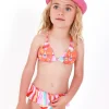 Bikini naranja para niña con cara de gato y tirantes ajustables