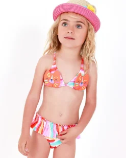 Bikini naranja para niña con cara de gato y tirantes ajustables