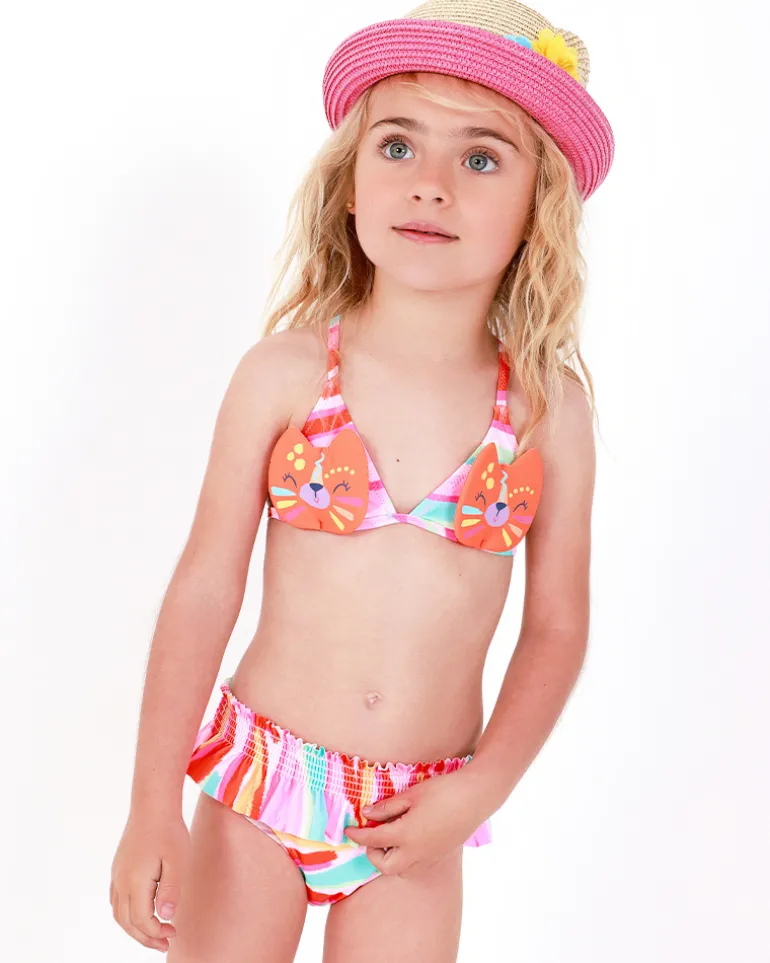 Bikini naranja para niña con cara de gato y tirantes ajustables