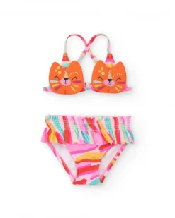 Bikini naranja para niña con cara de gato y tirantes ajustables