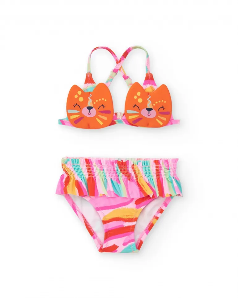 Bikini naranja para niña con cara de gato y tirantes ajustables