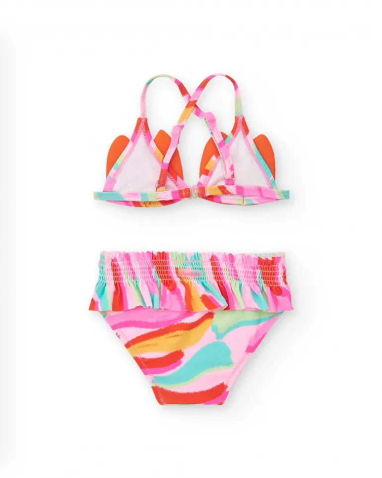 Bikini naranja para niña con cara de gato y tirantes ajustables