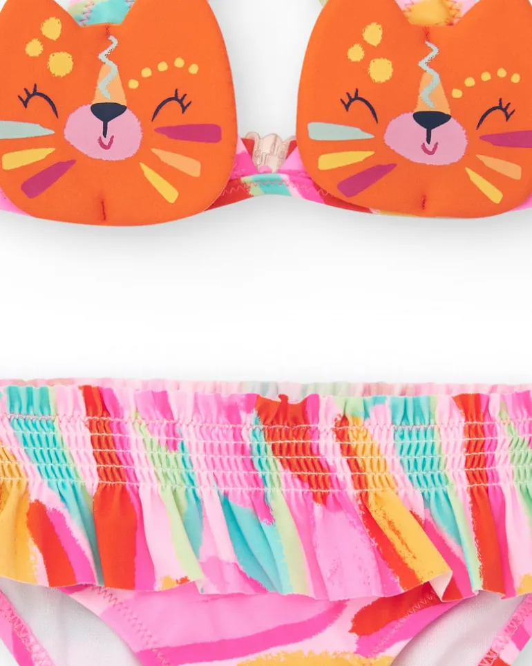 Bikini naranja para niña con cara de gato y tirantes ajustables