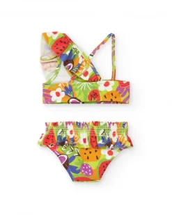 Bikini para niña con estampado de frutas y detalles fruncidos