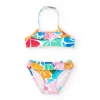 Bikini para niña en azul con estampado floral y volantes